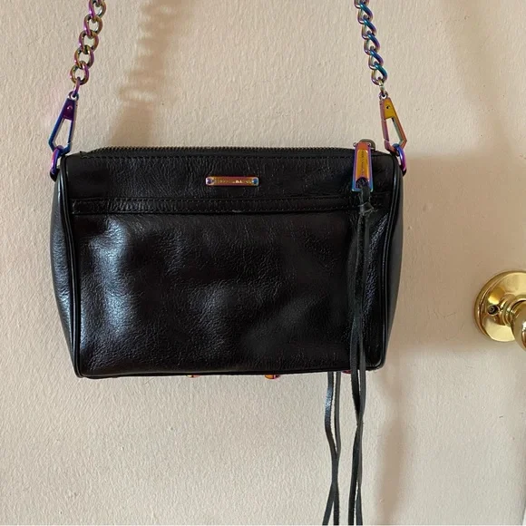 Rebecca Minkoff Black Leather Bag with Rainbow Oil Slick Hardware - Picture 3 of 14